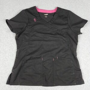 Scrubstar Premium Mock Wrap Scrub Top Womens Medium Black Stretch Medical V-Neck